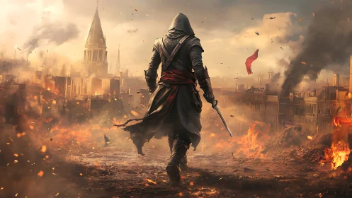 Hooded warrior walks into burning city battlefield scene.
