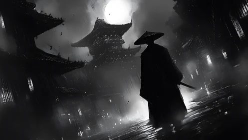 Lone swordsman silhouette in rainy moonlit samurai district