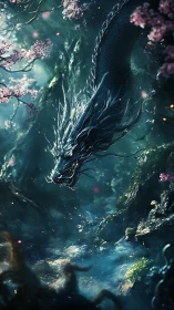 Serpentine forest dragon descending through teal misted gorge.