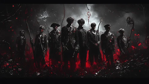 Shadowy warriors stand in crimson mist before a storm