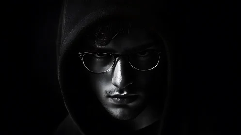 Shadowed face in a hood quietly meets the viewer’s gaze