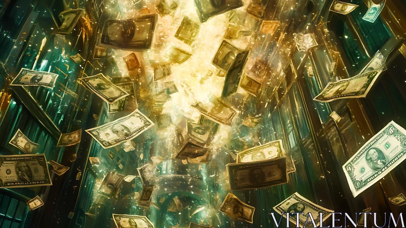Explosive golden bank vault interior with swirling dollar bills