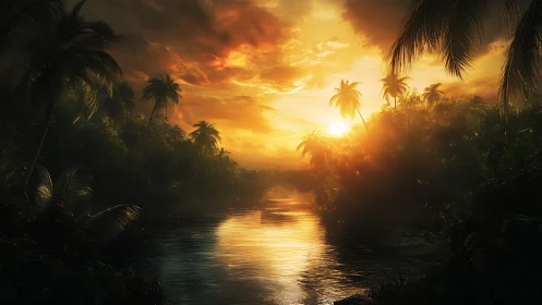 Sunset over tropical river with dense palm vegetation.