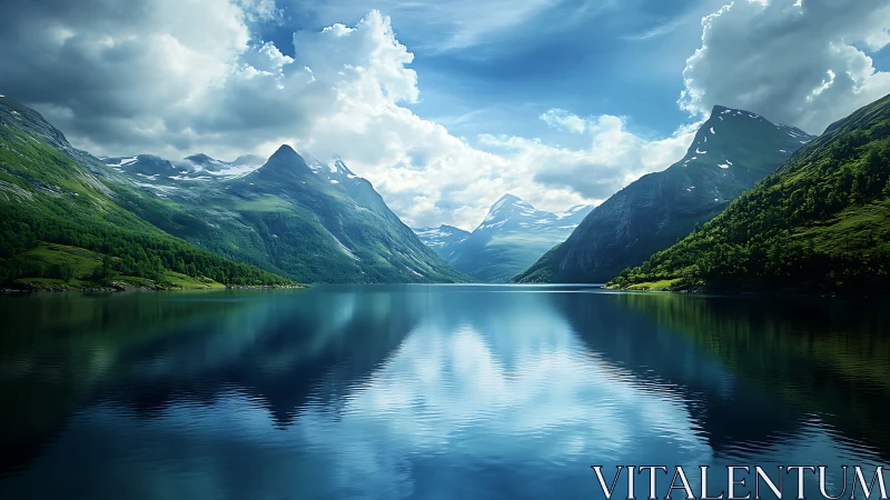 Photorealistic alpine fjord panorama with reflective symmetry.