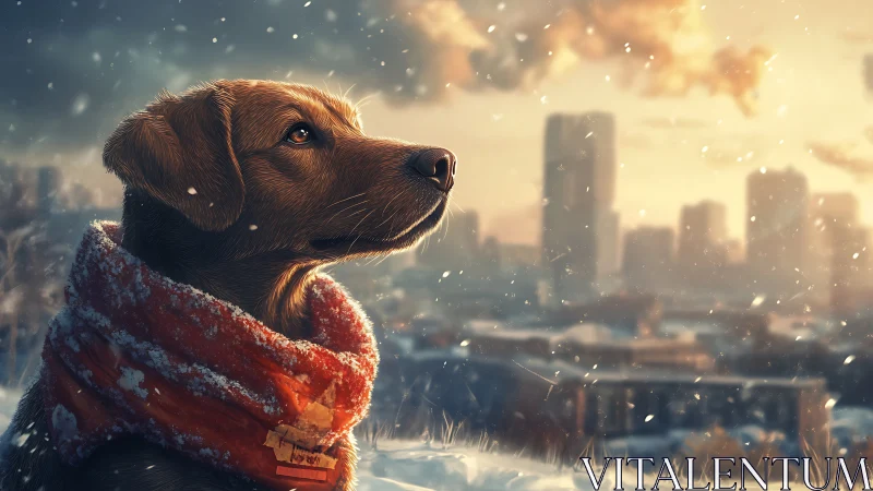 Winter city dog portrait with red scarf at sunrise.