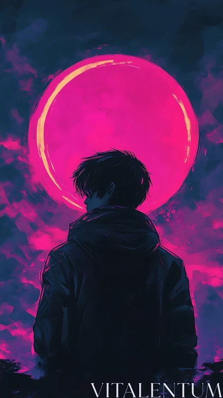 Solitary figure before vivid neon pink moon at night.
