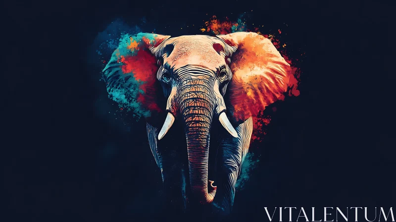 Elephant portrait with neon splatter bicolor abstract ears.