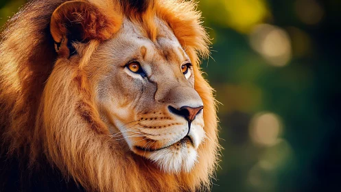 Male lion profile with detailed mane in soft focus setting.