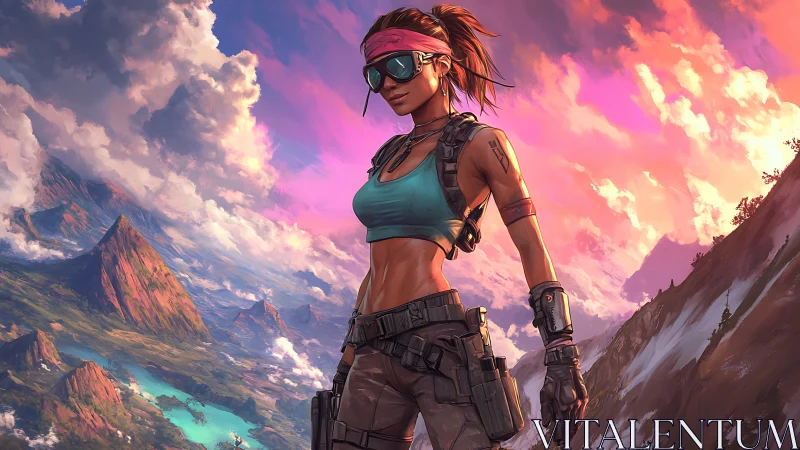 Digital painting of cyber explorer over neon alpine vista.