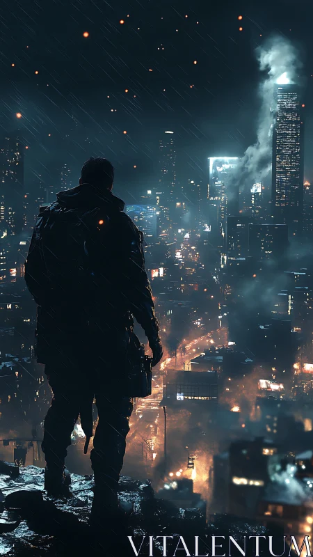 Lone rain-soaked sentinel above a burning neon city night.