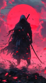 Hooded katana warrior stands before huge red sun.