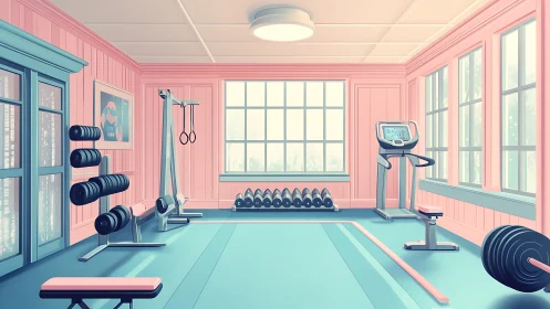 Pastel-toned home gym interior with aligned free weights and cardio