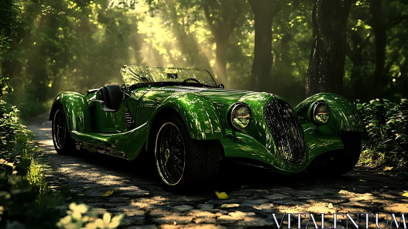 Sunlit green vintage roadster pauses on a quiet forest lane