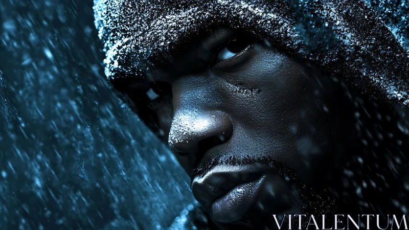 Intense hooded portrait stares through icy blue storm