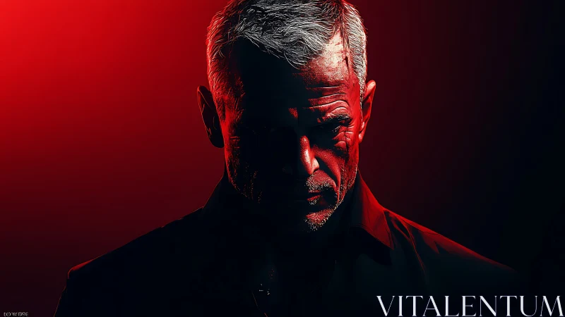 Brooding silver‑haired man in dramatic red key lighting.