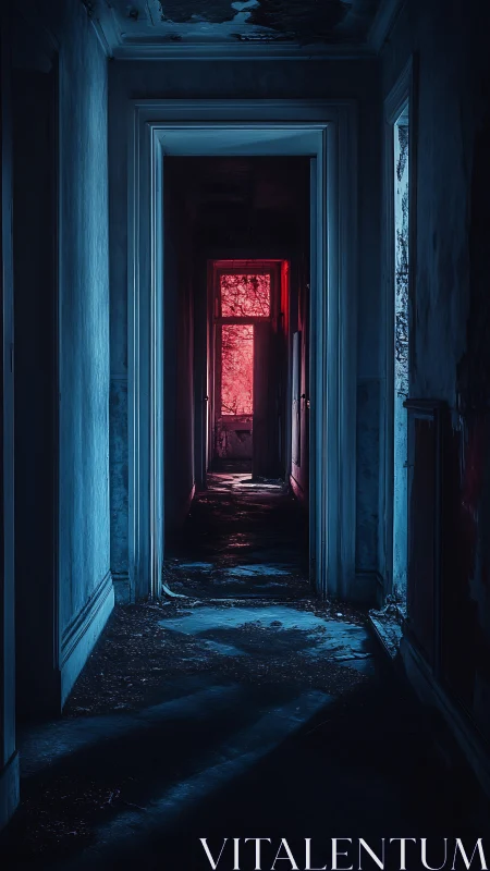 Deserted interior corridor with red backlit doorway view.