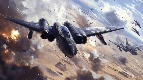 Twin-engine strike jet dives through explosive desert skies