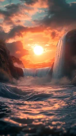 Sunfire falls pouring into a twilight ocean dreamscape.