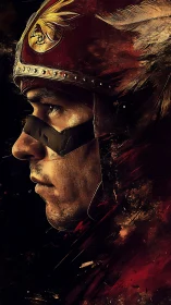 Warrior profile portrait with crimson helm and gold crest.