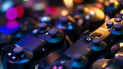 Game controllers stacked under neon gaming lights.