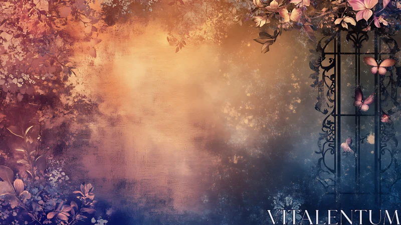 Floral gate and butterflies in soft fantasy light background.