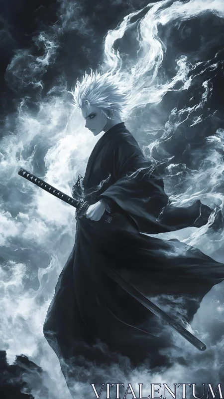 White haired swordsman in swirling monochrome smoke.