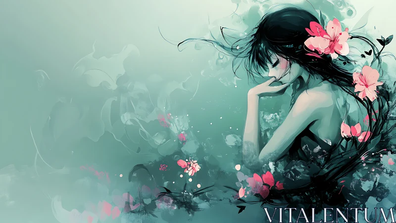 Melancholic female profile in teal floral digital abstraction