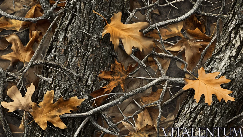 Golden autumn leaves resting gently on rugged tree bark.