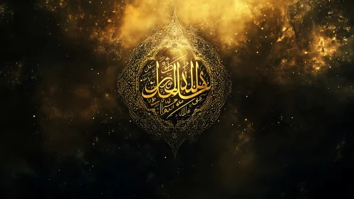Intricate golden Arabic calligraphy medallion on nebula field