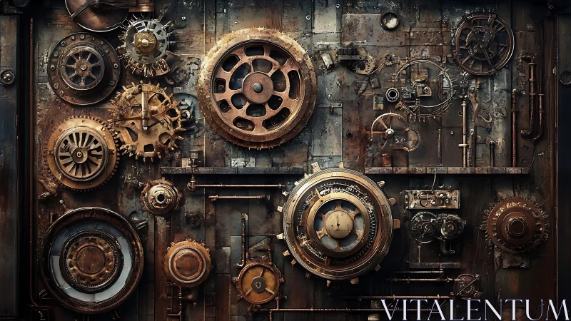 Interlocked metal gears and pipes form a mechanical wall system