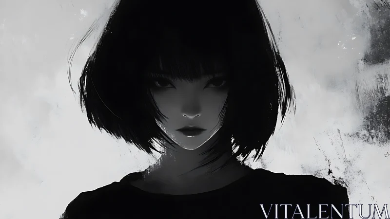 Monochrome portrait depicts stylized female figure in shadow