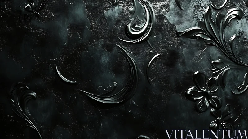 Dark metallic floral relief pattern occupies textured surface