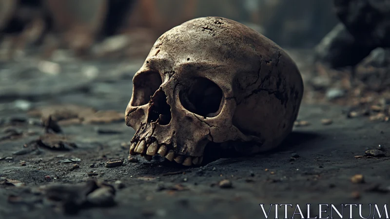 Eroded human skull on debris-littered ground, cinematic focus.