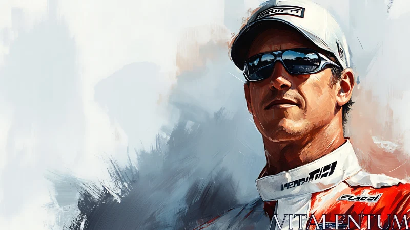 Confident race driver portrait in bold digital brushstrokes.
