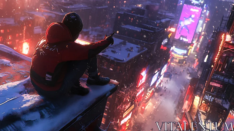 Snowy rooftop watcher quietly studies the glowing city below