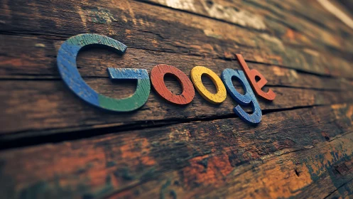 Google logo rests on rustic wooden planks in soft focus.