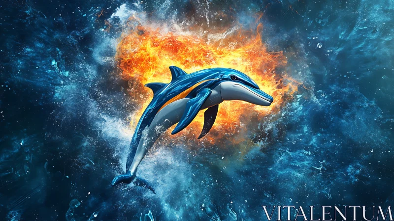 Digital painting of dynamic dolphin against fiery ocean core.