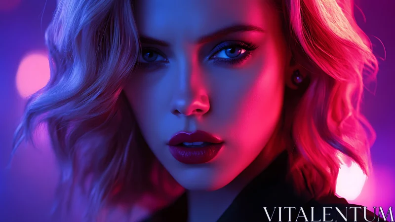 Female portrait under contrasting neon magenta and blue light.