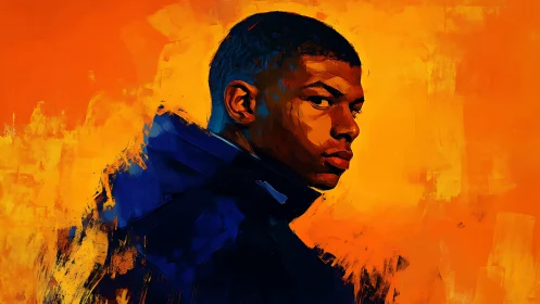 Bold digital portrait against vivid orange backdrop.