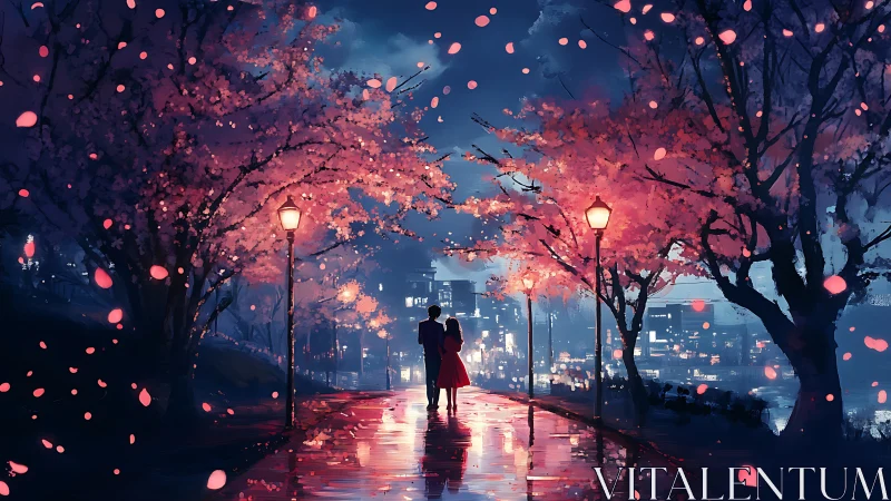 Two figures walk under illuminated cherry trees at night