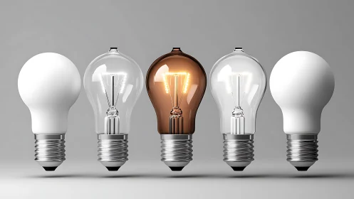 Row of mixed light bulbs with single illuminated amber unit.