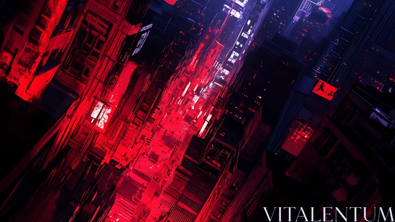 Neon red cyberpunk city canyon with vertical buildings.