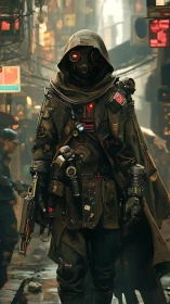 Hooded wasteland ranger stalks neon alleys with silent resolve