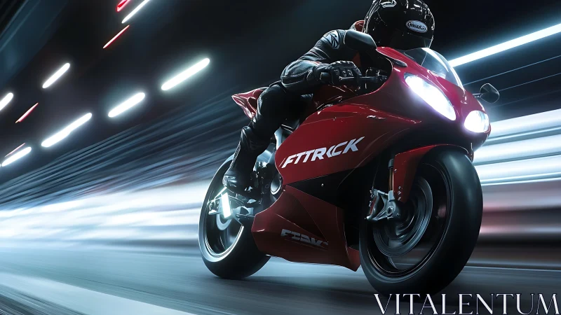High-speed red superbike in night tunnel with motion blur lighting