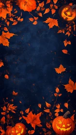 Halloween pumpkins with orange foliage on midnight blue background.