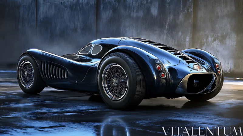 Midnight streamliner prowls a rain-slick urban pit lane.