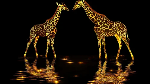 Glowing giraffes stand mirrored over dark reflective water