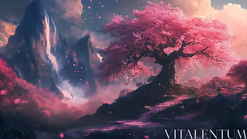 Pink cherry blossom tree dominating misty fantasy valley.