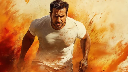 Athletic male figure charges forward through fiery explosion field