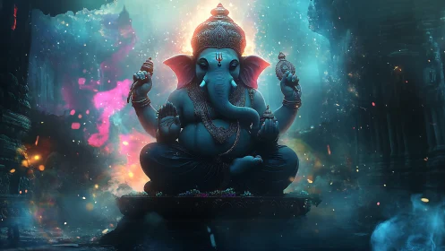 Divine blue Ganesha statue glowing in mystical temple light.